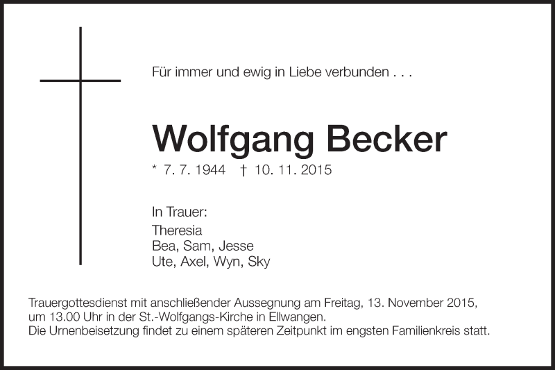  Traueranzeige für Wolfgang Becker vom 12.11.2015 aus Schwäbische Post