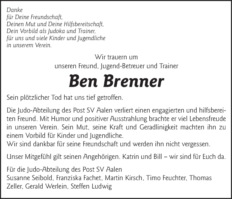  Traueranzeige für Ben Brenner vom 27.11.2015 aus Schwäbische Post