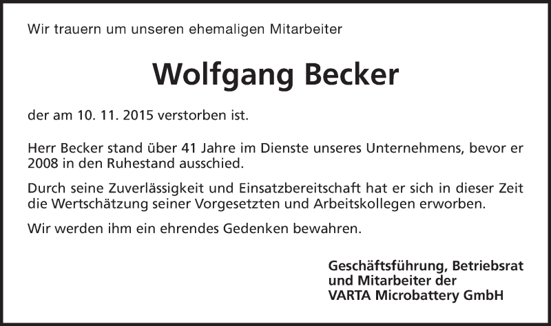  Traueranzeige für Wolfgang Becker vom 13.11.2015 aus Schwäbische Post
