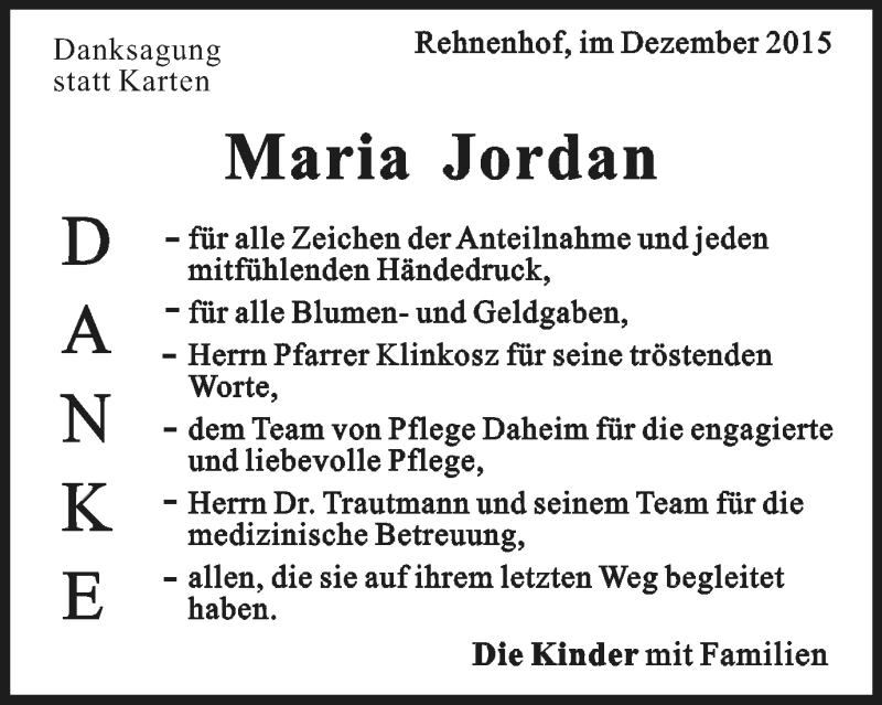  Traueranzeige für Maria Jordan vom 16.12.2015 aus Gmünder Tagespost