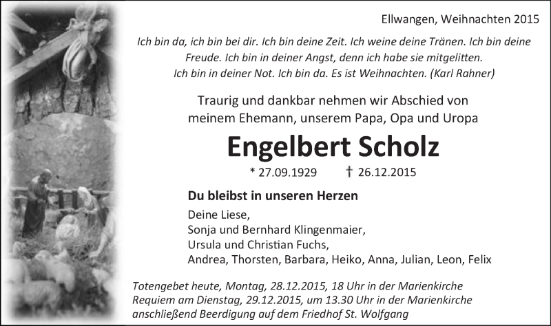  Traueranzeige für Engelbert Scholz vom 28.12.2015 aus Schwäbische Post