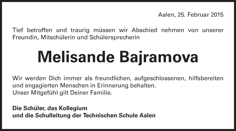  Traueranzeige für Melisande Bajramova vom 25.02.2015 aus Schwäbische Post