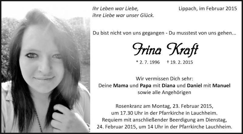  Traueranzeige für Irina Kraft vom 21.02.2015 aus Schwäbische Post