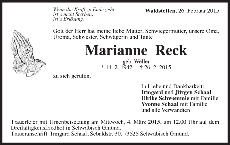  Traueranzeige für Marianne Reck vom 28.02.2015 aus Gmünder Tagespost