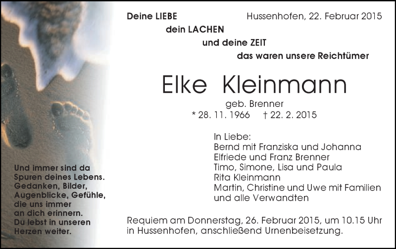  Traueranzeige für Elke Kleinmann vom 24.02.2015 aus Gmünder Tagespost