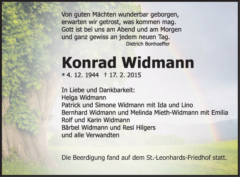  Traueranzeige für Konrad Widmann vom 27.02.2015 aus Gmünder Tagespost