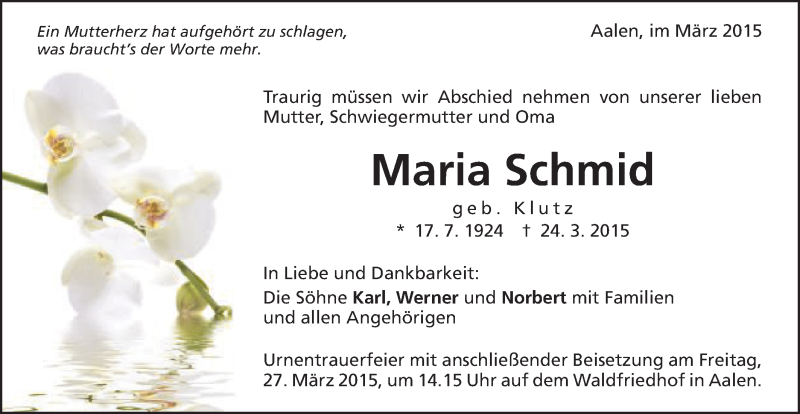  Traueranzeige für Maria Schmid vom 26.03.2015 aus Schwäbische Post