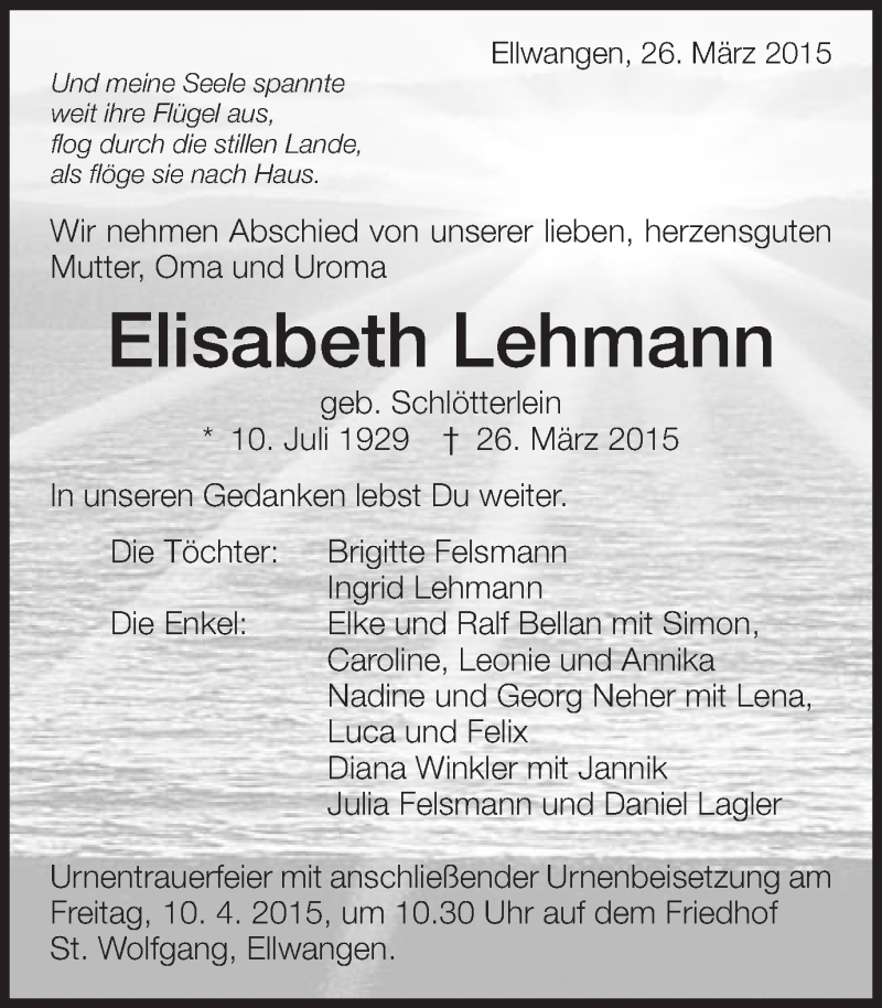  Traueranzeige für Elisabeth Lehmann vom 30.03.2015 aus Schwäbische Post