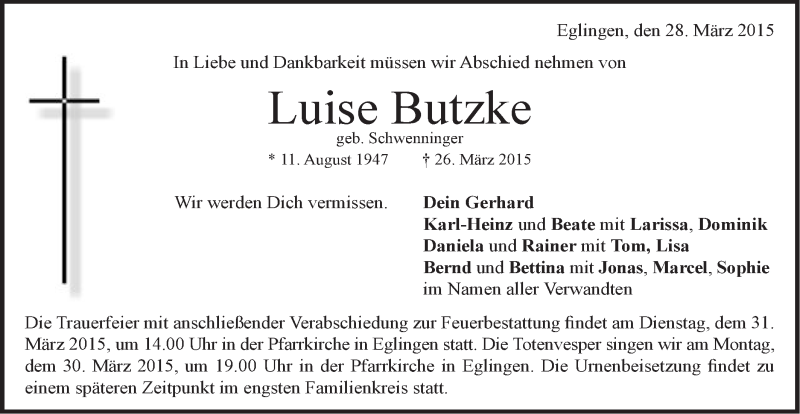  Traueranzeige für Luise Butzke vom 28.03.2015 aus Schwäbische Post