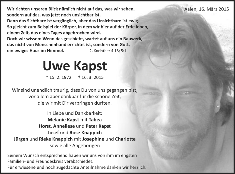  Traueranzeige für Uwe Kapst vom 21.03.2015 aus Schwäbische Post