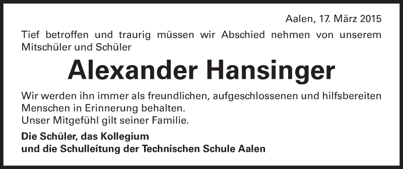  Traueranzeige für Alexander Hansinger vom 24.03.2015 aus Schwäbische Post