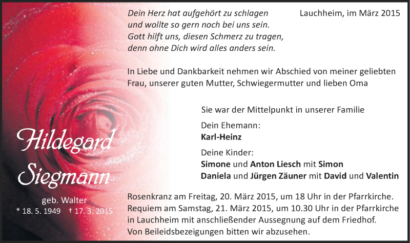  Traueranzeige für Hildegard Siegmann vom 19.03.2015 aus Schwäbische Post