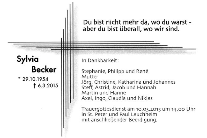  Traueranzeige für Sylvia Becker vom 09.03.2015 aus Schwäbische Post