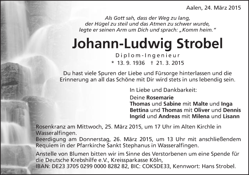  Traueranzeige für Johann-Ludwig Strobel vom 24.03.2015 aus Schwäbische Post