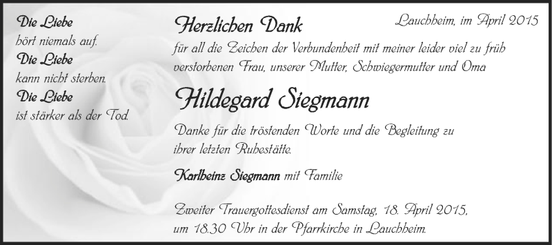  Traueranzeige für Hildegard Siegmann vom 16.04.2015 aus Schwäbische Post