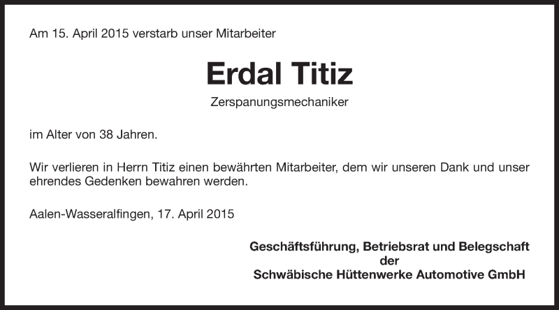  Traueranzeige für Erdal Titiz vom 17.04.2015 aus Schwäbische Post