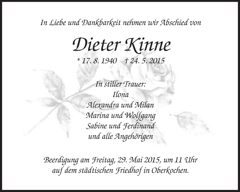  Traueranzeige für Dieter Kinne vom 26.05.2015 aus Schwäbische Post