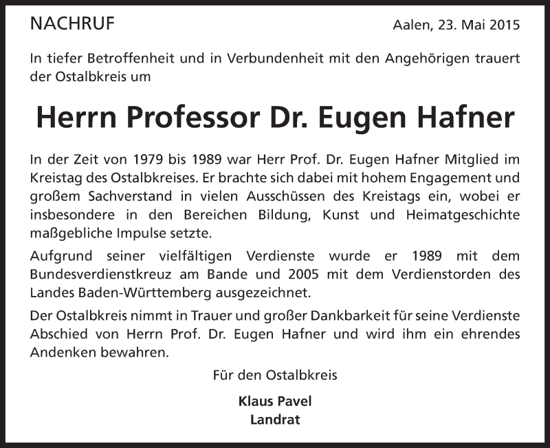 Traueranzeige für Eugen Hafner vom 23.05.2015 aus Schwäbische Post