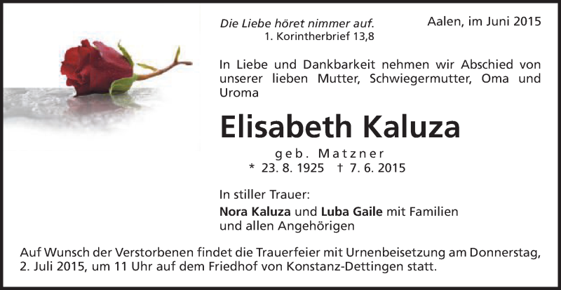 Traueranzeige für Elisabeth Kaluza vom 13.06.2015 aus Schwäbische Post