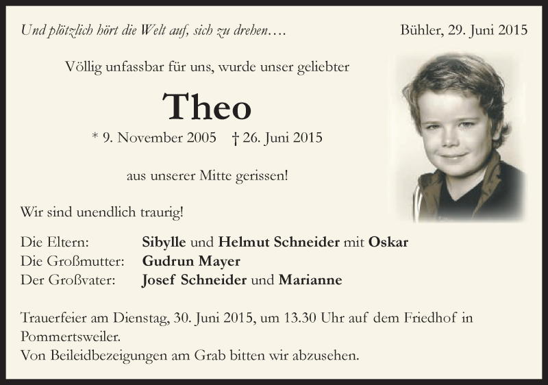  Traueranzeige für Theo Schneider vom 29.06.2015 aus Schwäbische Post