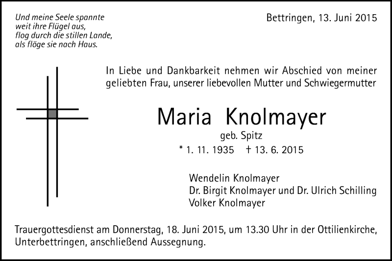  Traueranzeige für Maria Knolmayer vom 16.06.2015 aus Gmünder Tagespost