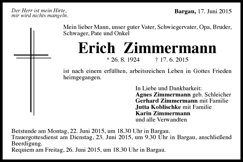  Traueranzeige für Erich Zimmermann vom 20.06.2015 aus Gmünder Tagespost