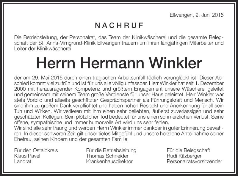 Traueranzeige für Hermann Winkler vom 02.06.2015 aus Schwäbische Post