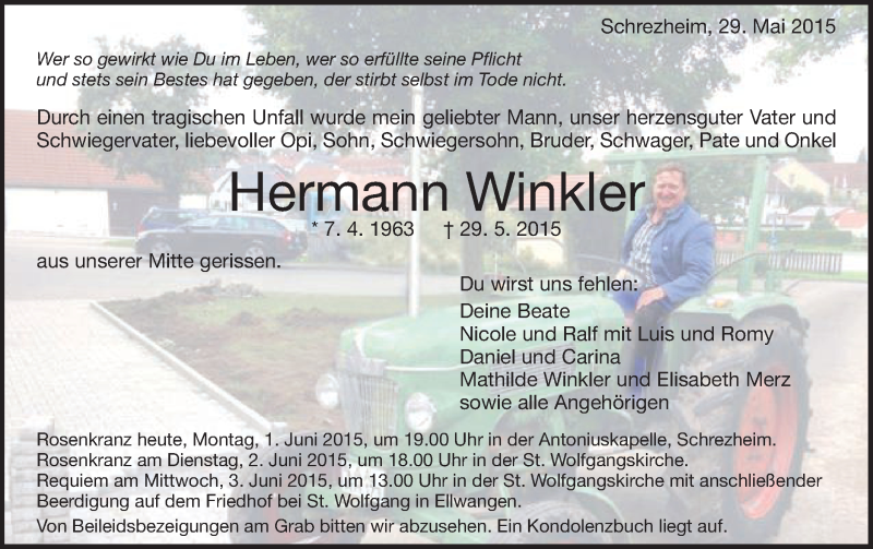  Traueranzeige für Hermann Winkler vom 01.06.2015 aus Schwäbische Post