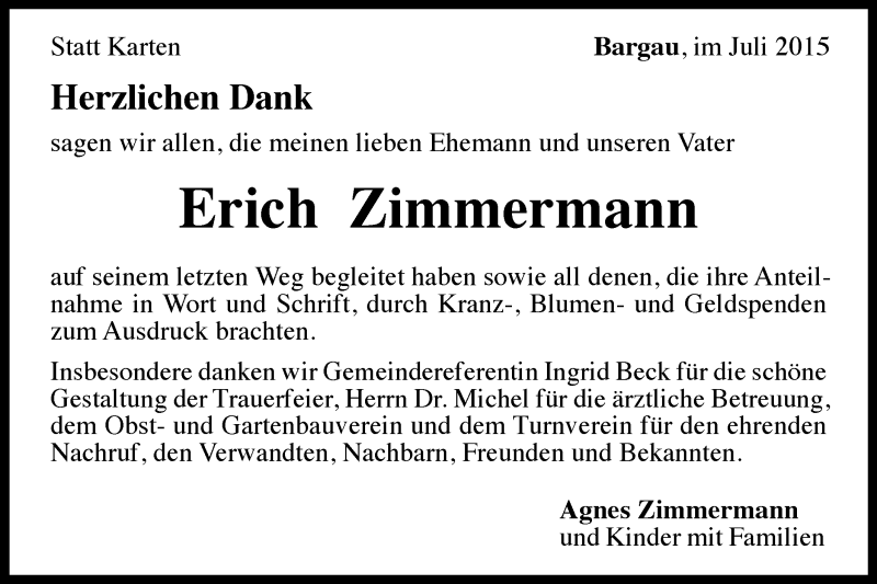  Traueranzeige für Erich Zimmermann vom 06.07.2015 aus Gmünder Tagespost