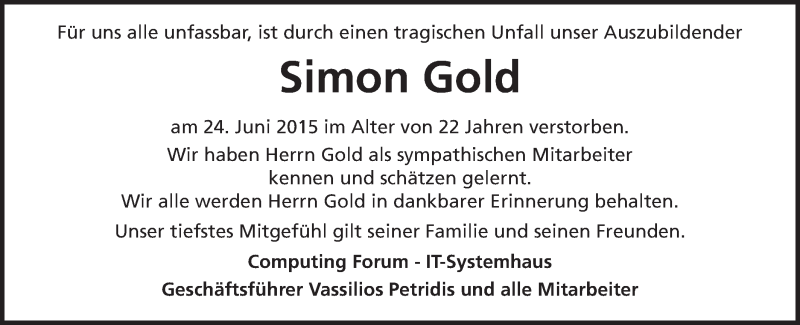  Traueranzeige für Simon Gold vom 01.07.2015 aus Schwäbische Post