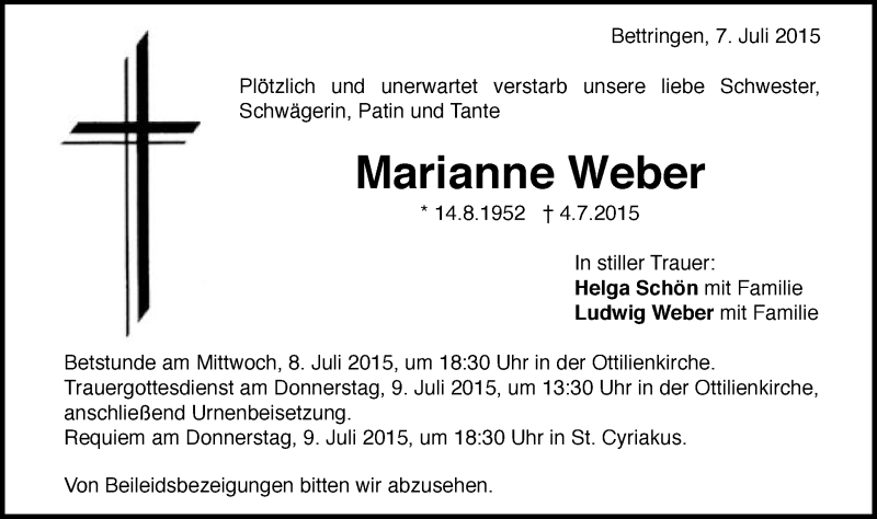  Traueranzeige für Marianne Weber vom 07.07.2015 aus Gmünder Tagespost