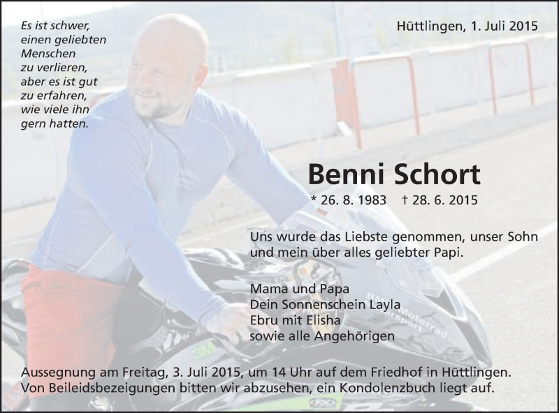  Traueranzeige für Benni Schort vom 01.07.2015 aus Schwäbische Post