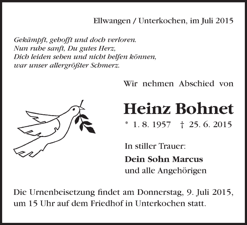  Traueranzeige für Heinz Bohnet vom 07.07.2015 aus Schwäbische Post