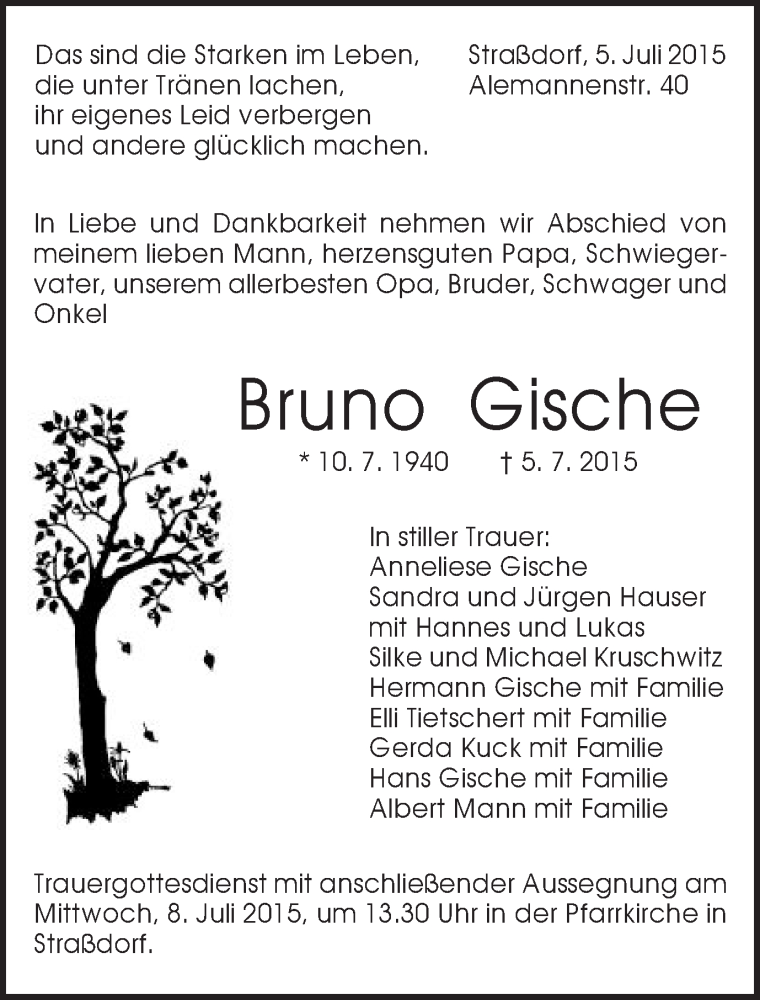  Traueranzeige für Bruno Gische vom 07.07.2015 aus Gmünder Tagespost