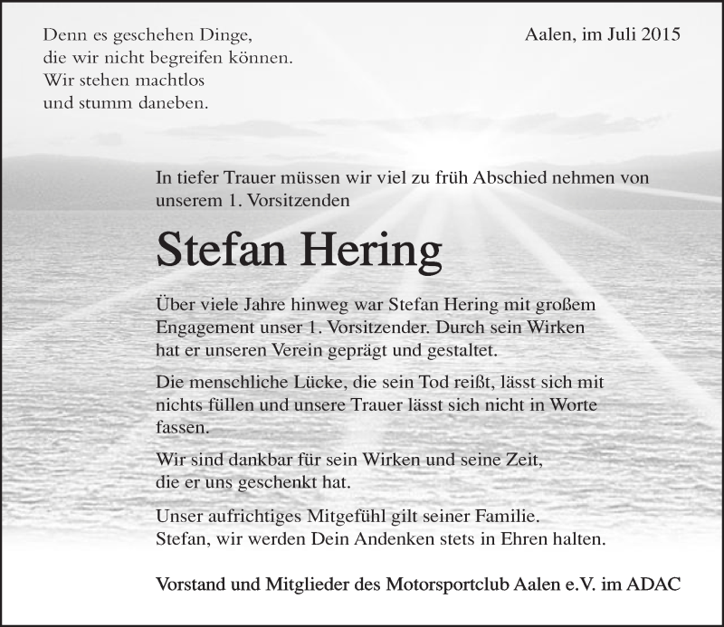  Traueranzeige für Stefan Hering vom 03.08.2015 aus Schwäbische Post