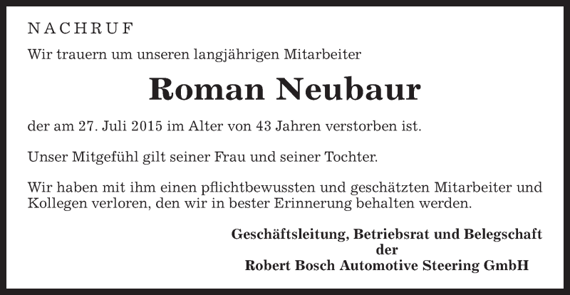  Traueranzeige für Roman Neubaur vom 04.08.2015 aus Gmünder Tagespost