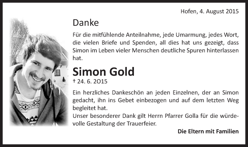  Traueranzeige für Simon Gold vom 04.08.2015 aus Schwäbische Post