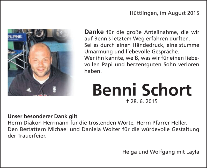  Traueranzeige für Benni Schort vom 26.08.2015 aus Schwäbische Post
