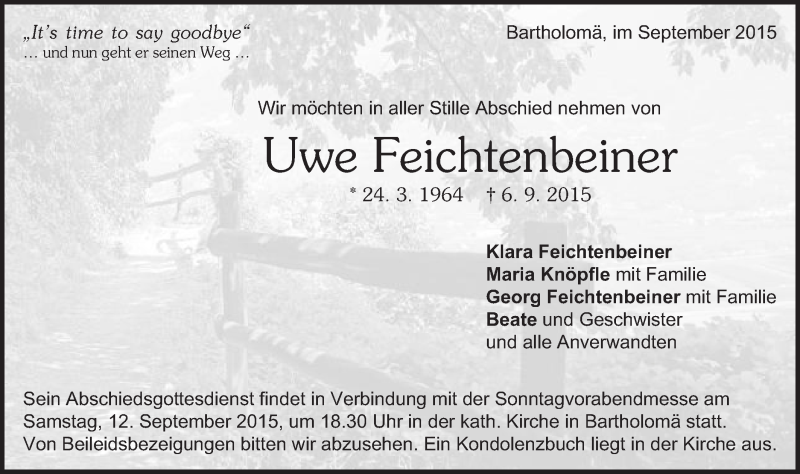  Traueranzeige für Uwe Feichtenbeiner vom 11.09.2015 aus Gmünder Tagespost