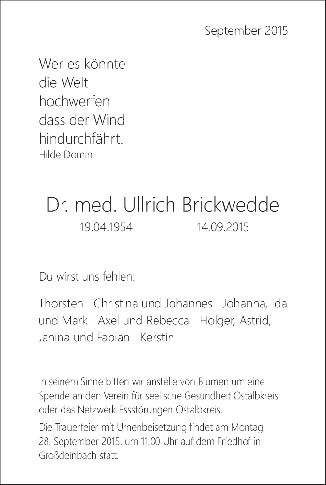  Traueranzeige für Ullrich Brickwedde vom 18.09.2015 aus Gmünder Tagespost