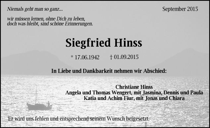  Traueranzeige für Siegfried Hinss vom 05.09.2015 aus Gmünder Tagespost