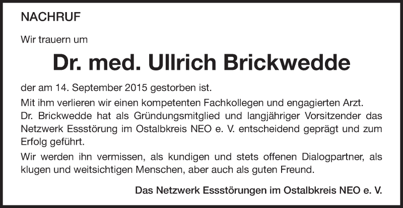  Traueranzeige für Ullrich Brickwedde vom 23.09.2015 aus Schwäbische Post