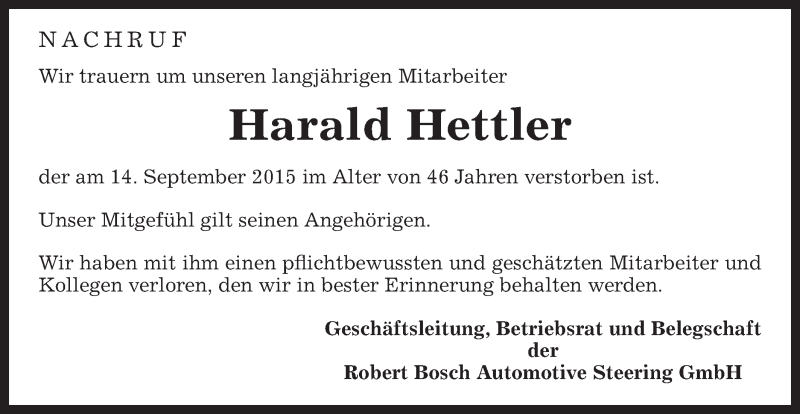  Traueranzeige für Harald Hettler vom 16.09.2015 aus Gmünder Tagespost