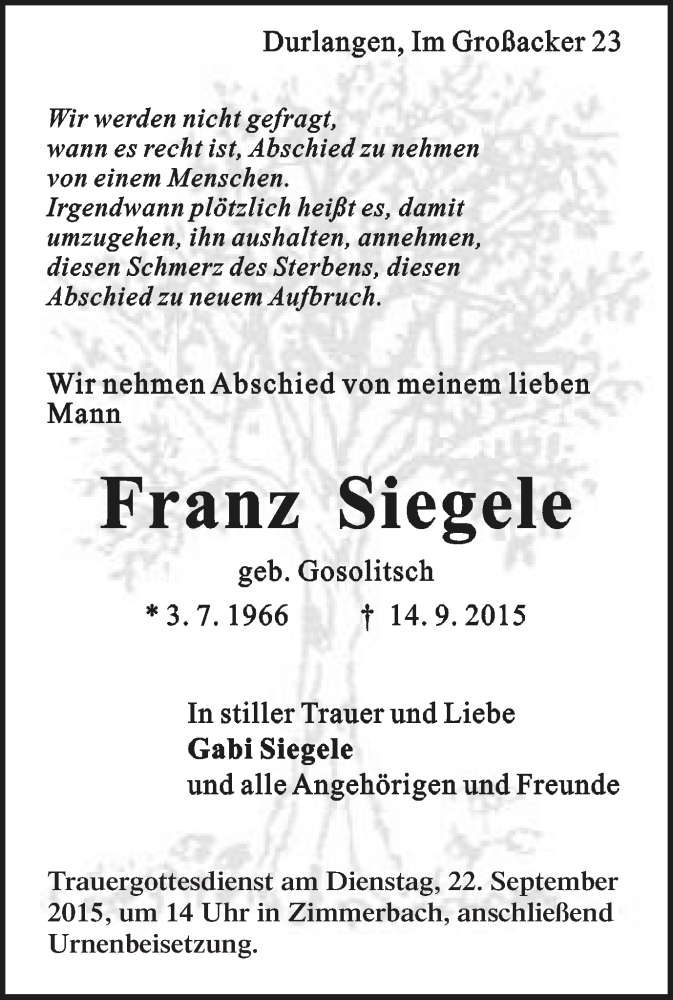  Traueranzeige für Franz Siegele vom 19.09.2015 aus Gmünder Tagespost