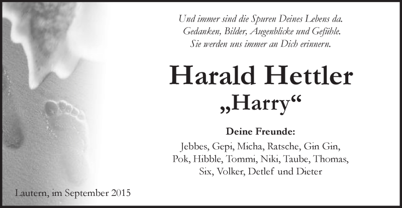  Traueranzeige für Harald Hettler vom 17.09.2015 aus Gmünder Tagespost