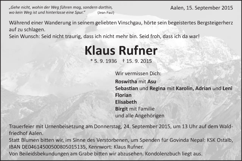  Traueranzeige für Klaus Rufner vom 21.09.2015 aus Schwäbische Post