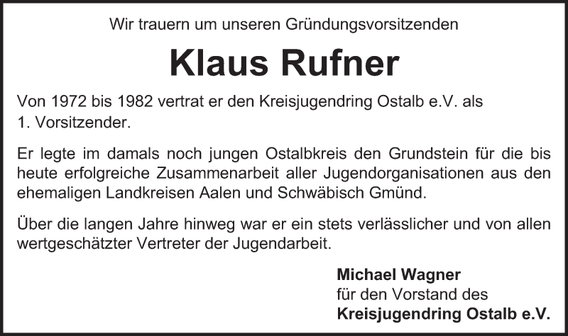  Traueranzeige für Klaus Rufner vom 22.09.2015 aus Gmünder Tagespost