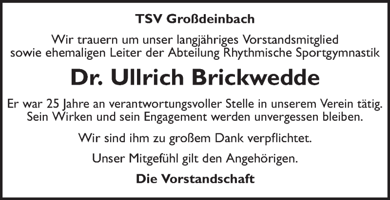  Traueranzeige für Ullrich Brickwedde vom 23.09.2015 aus Gmünder Tagespost