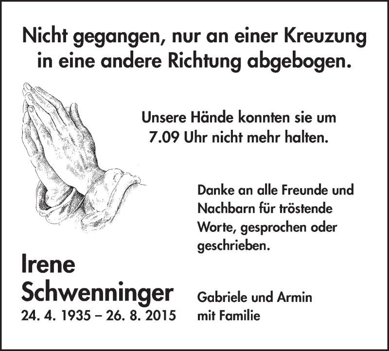  Traueranzeige für Irene Schwenninger vom 02.09.2015 aus Schwäbische Post