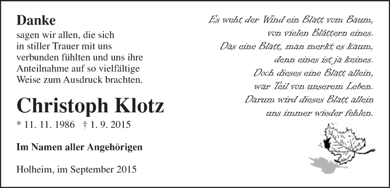  Traueranzeige für Christoph Klotz vom 19.09.2015 aus Schwäbische Post